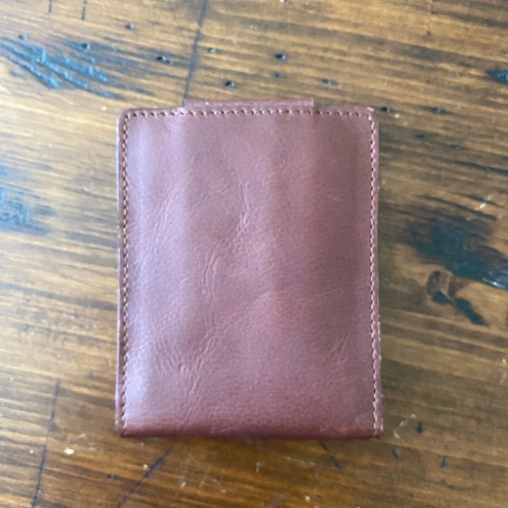 Colombian Leather Brown Bifold Wallet with Money Clip and Pull Tab Orange Accent